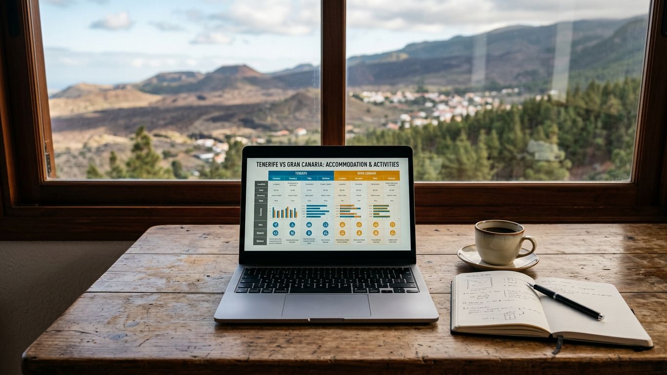 Laptop displaying comparison chart on wooden table with Tenerife view behind