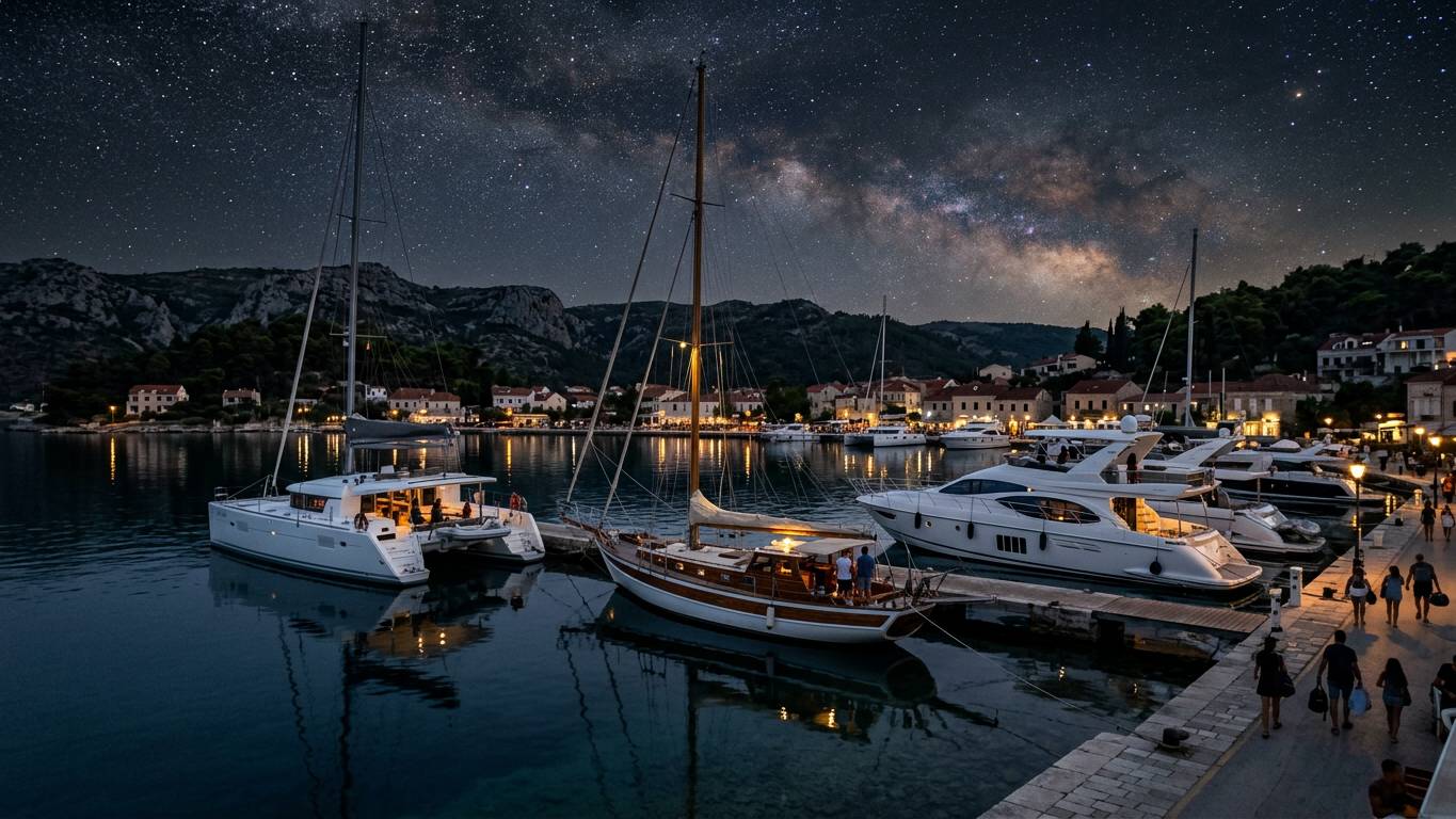 Southern harbour overview showing catamaran sailing yacht and motorboat moored