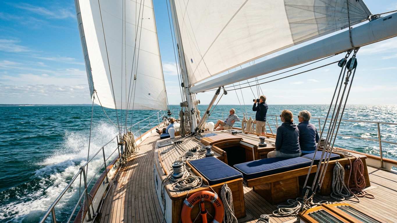 Sailing yacht deck under full sail with passengers and ocean spray
