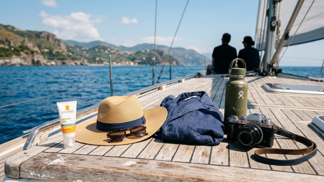 Trip items on boat deck including sunscreen hat and camera