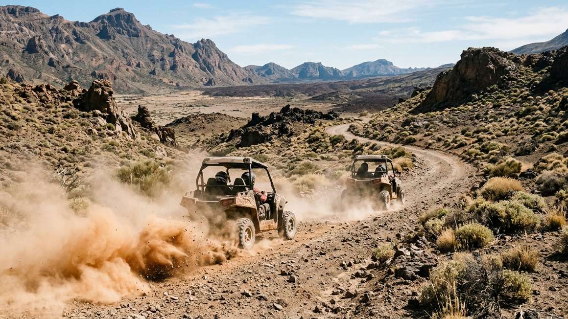Buggies kicking up dust on rough volcanic track with mountain ridges