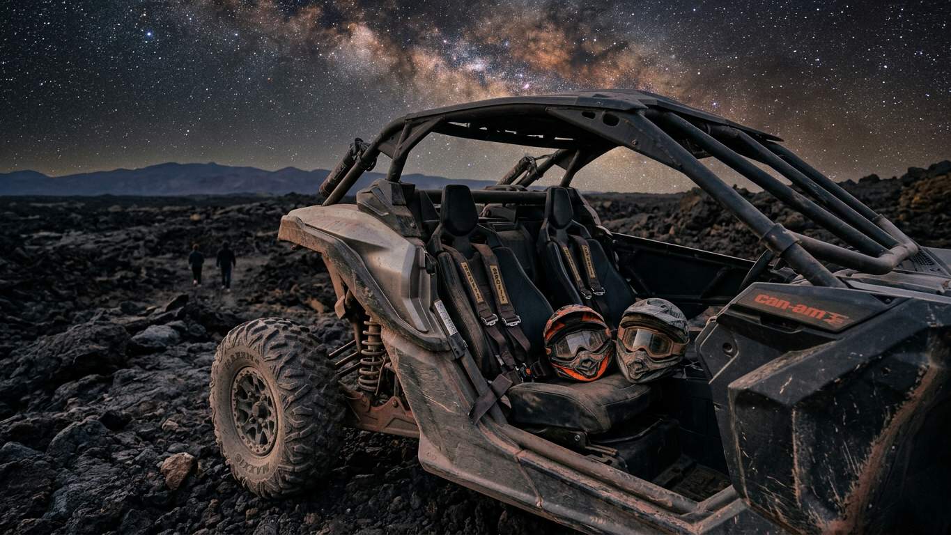 Dusty off-road buggy on volcanic terrain showing roll cage and safety equipment