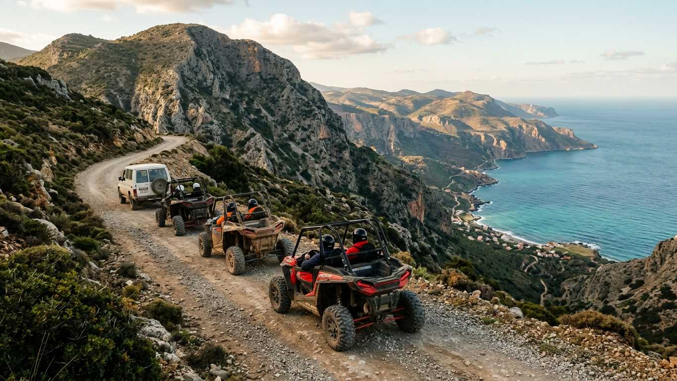 Line of buggies on mountain trail with views over southern coast