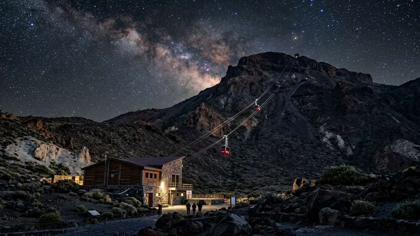 Cable car station with red cabins ascending towards Teide summit