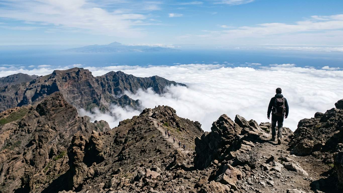 Jagged volcanic rock formations with clouds below and Atlantic beyond