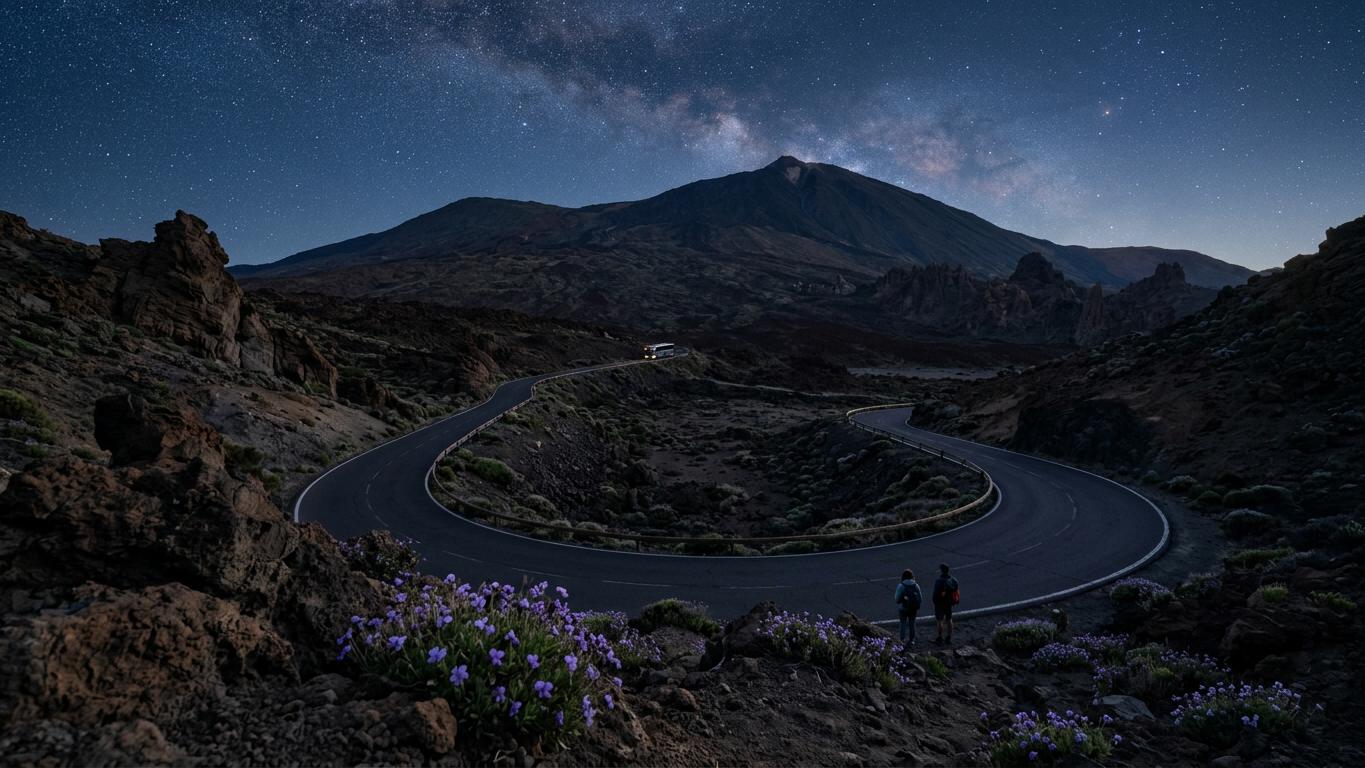 Mountain road through dark volcanic rock with bus approaching Teide peak