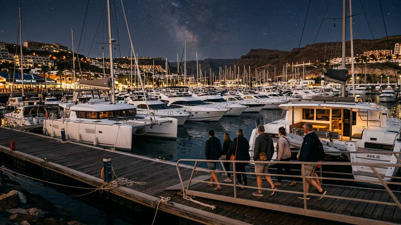Puerto Colón marina with white yachts and passengers boarding vessel