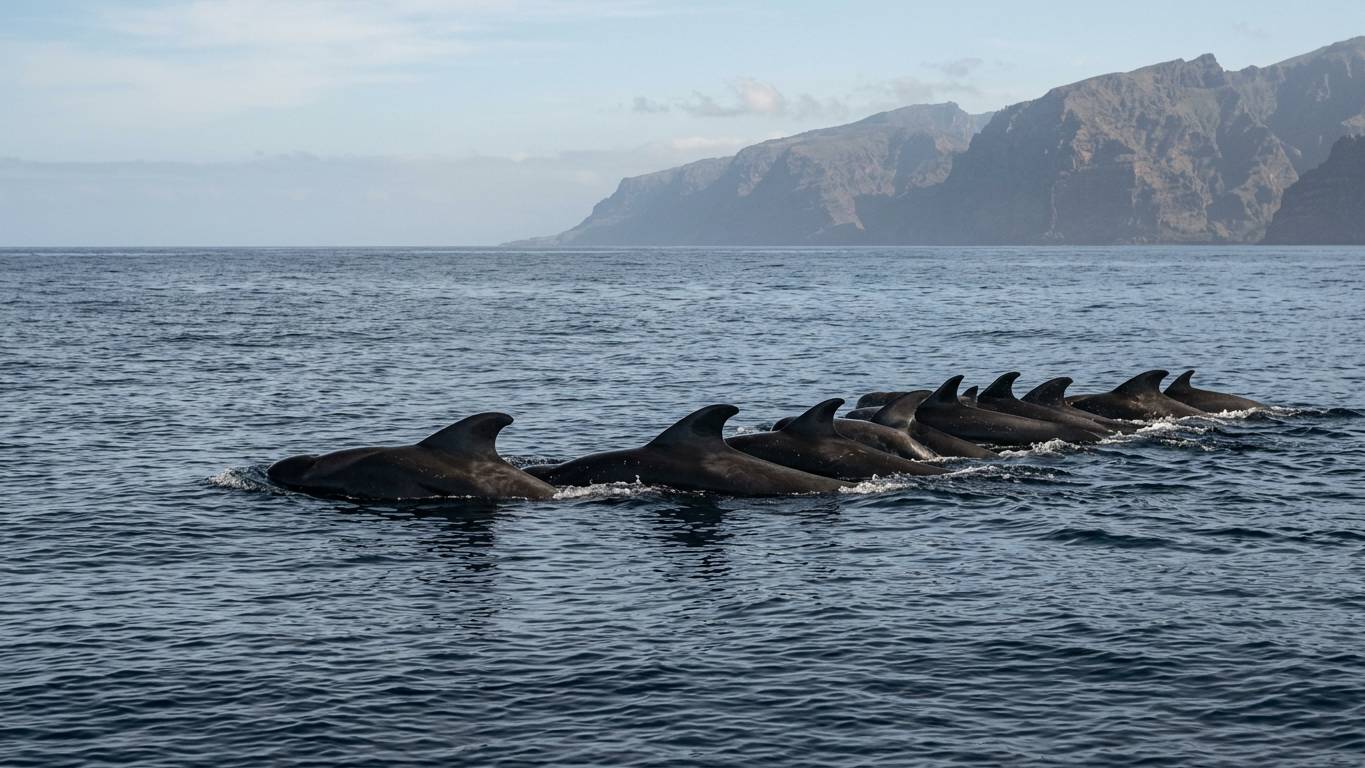 Pilot whales swimming near surface with La Gomera island behind