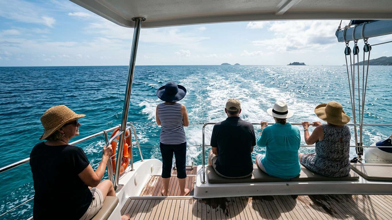 Passengers on shaded catamaran deck watching ocean under bright sunshine