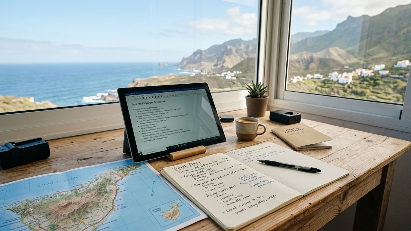 Organised workspace with tablet showing questions and Tenerife map visible