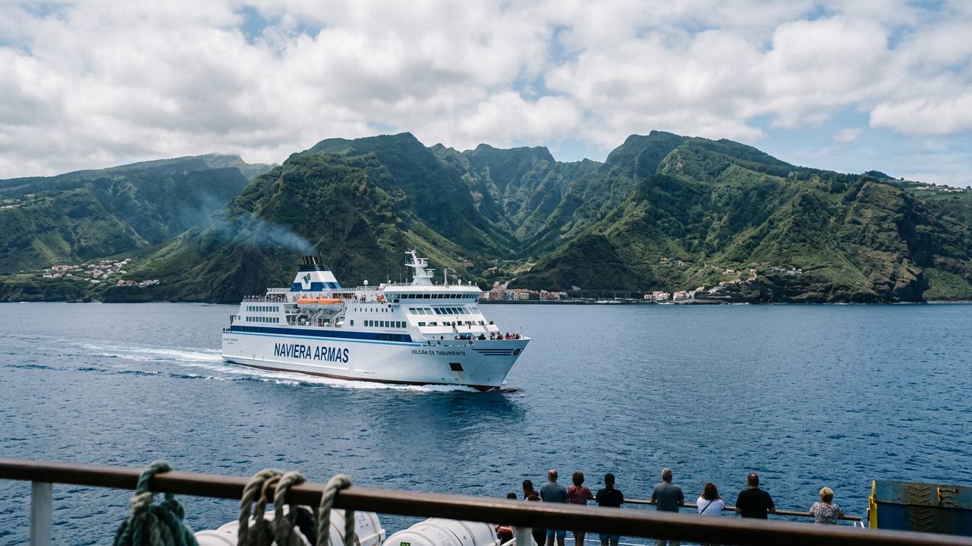 Passenger ferry crossing ocean towards La Gomera green mountains ahead