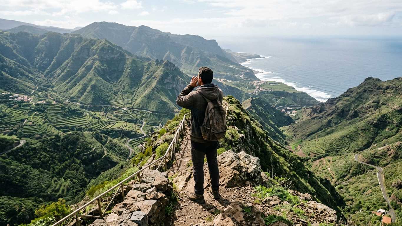Silbo Gomero demonstration on mountain viewpoint overlooking green valleys