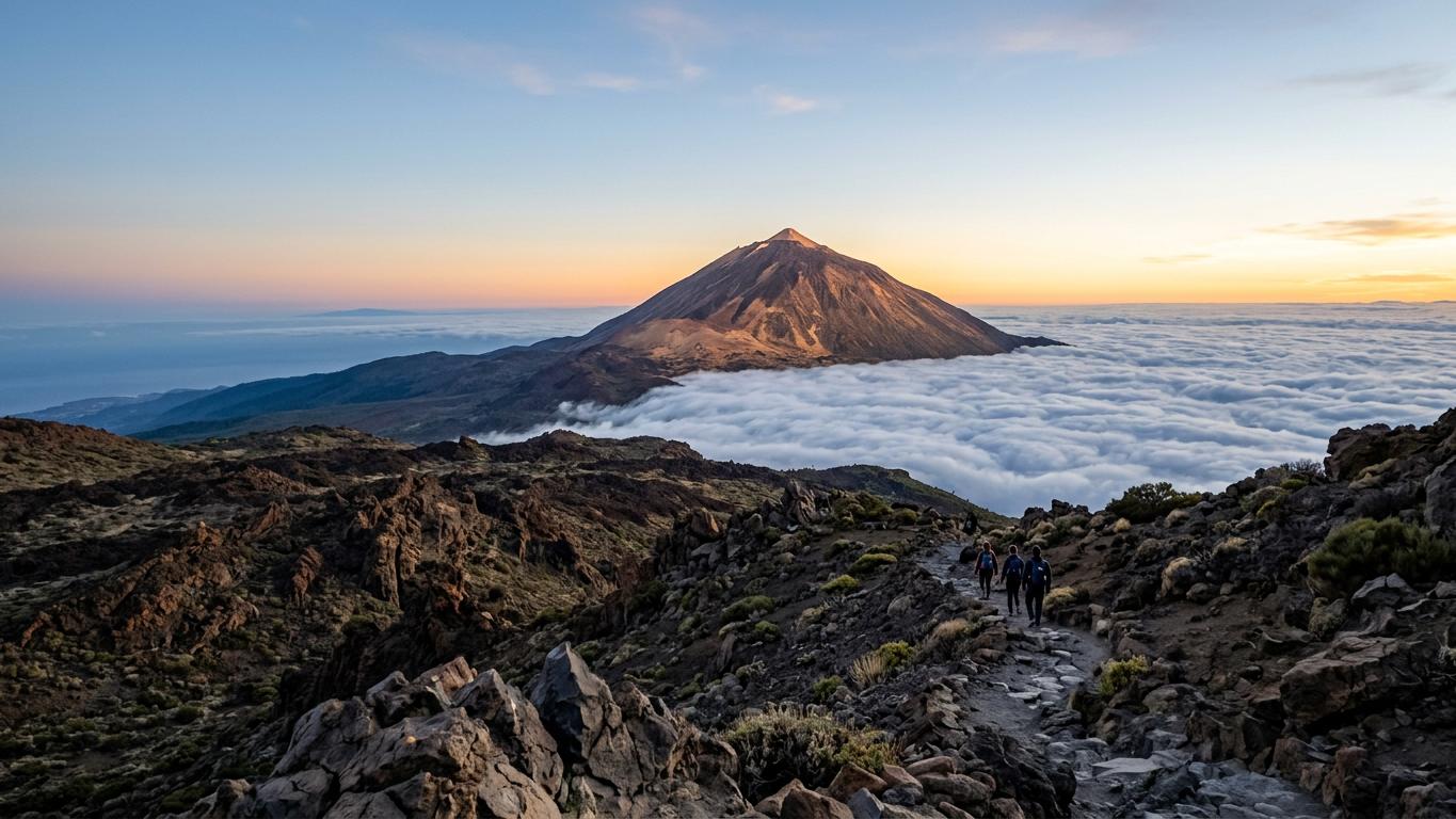 Mount Teide summit rising above sea of clouds at sunrise