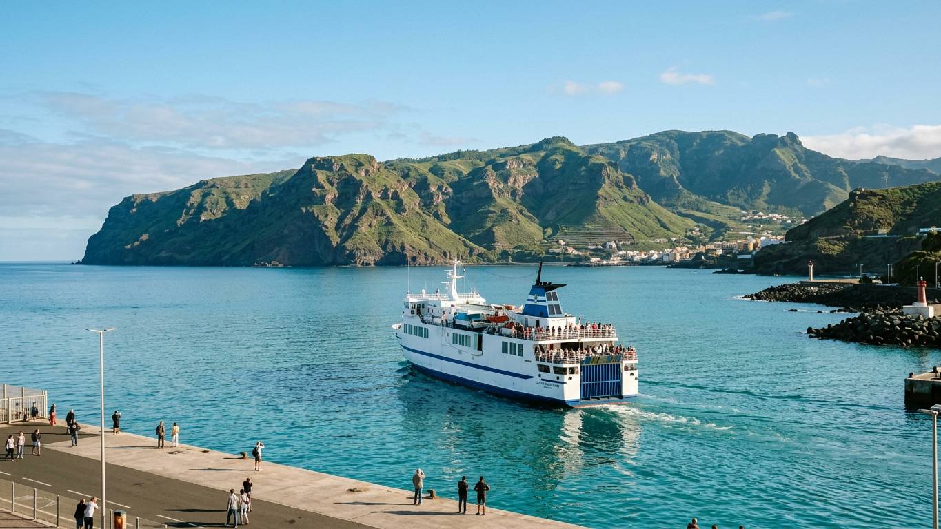 Ferry departing harbour with La Gomera cliffs across turquoise water