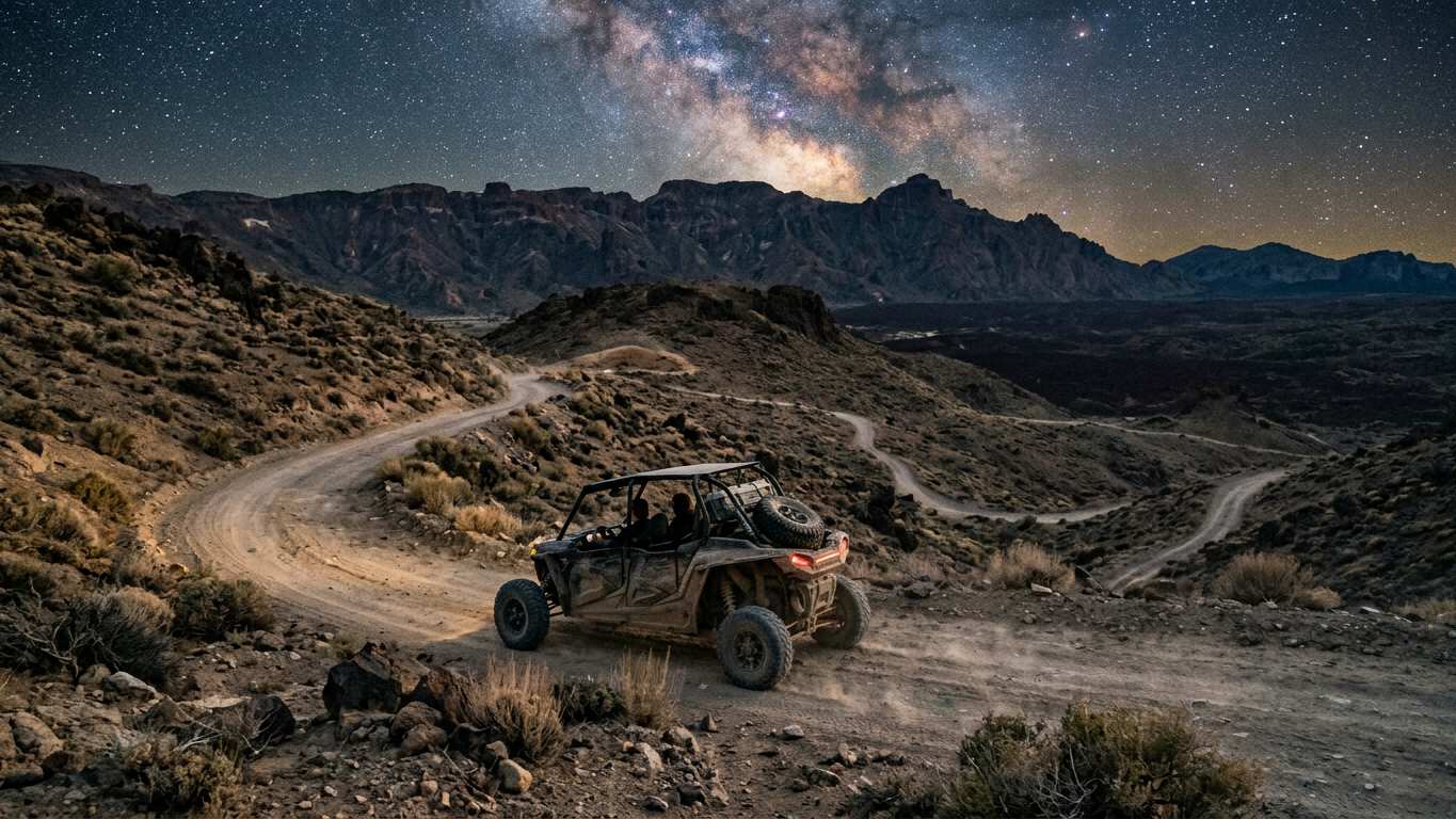 Buggy navigating winding dirt trail through volcanic hillside terrain