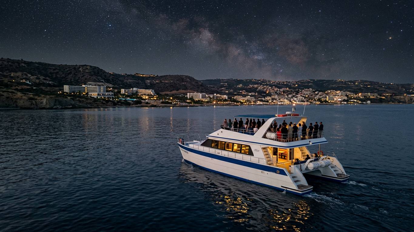 White catamaran with passengers moving through calm water near coastline