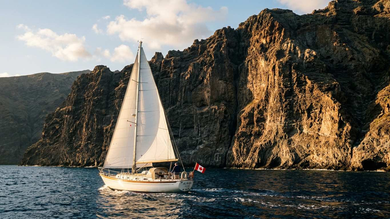 Sailing yacht with white sails along towering cliffs in golden light