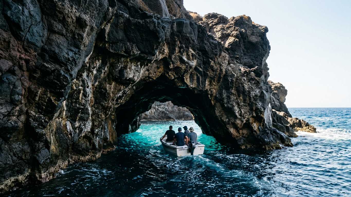 Motorboat entering coastal cave at cliff base with turquoise water