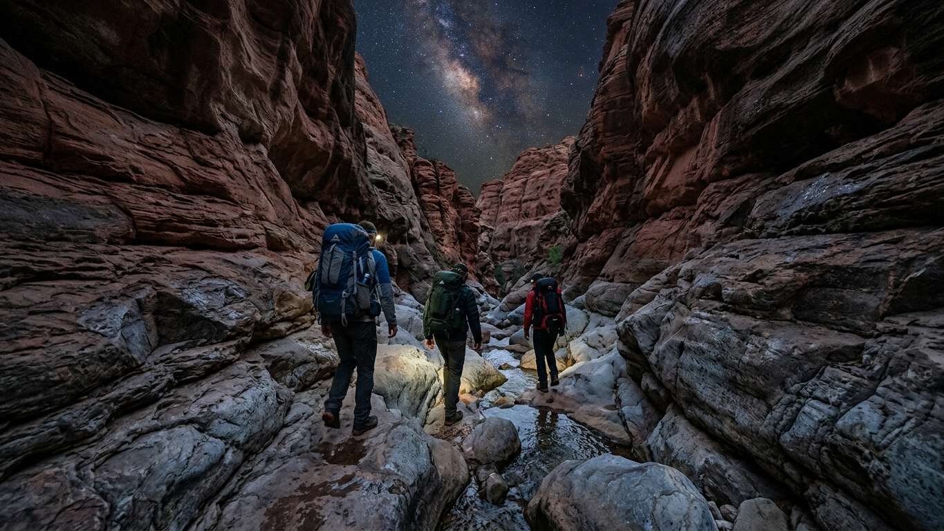 Hikers descending through narrow rocky gorge over smooth stream-worn boulders