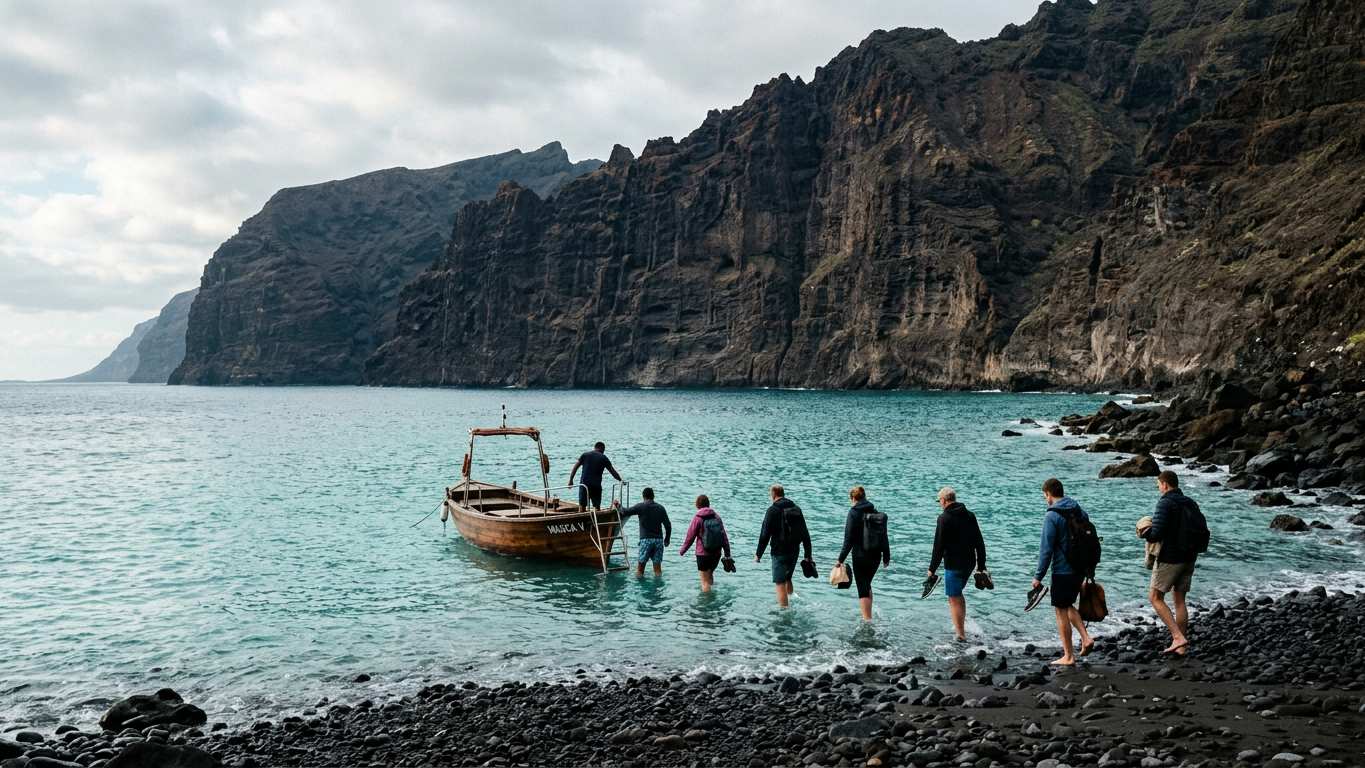 Boat waiting at Masca beach with steep cliffs and turquoise water