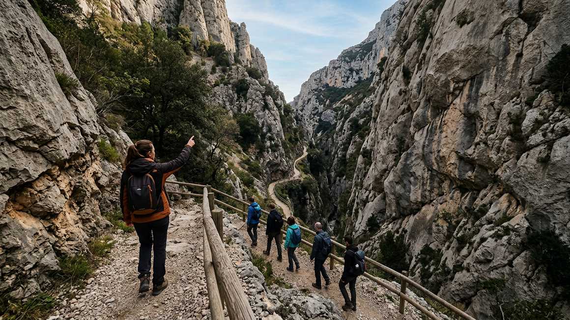 Tour guide leading group along gorge trail with towering rock walls