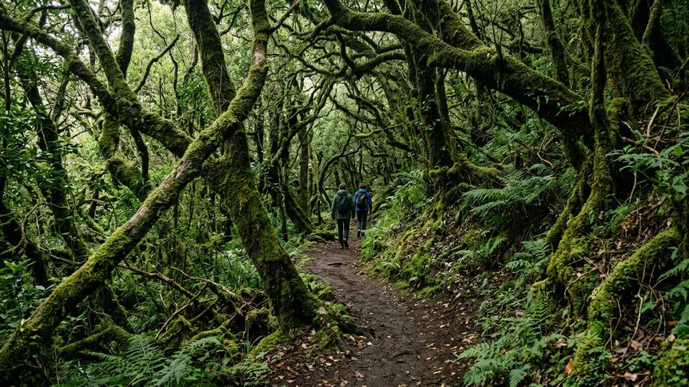 Dense laurel forest trail in Anaga with moss-covered trees and ferns