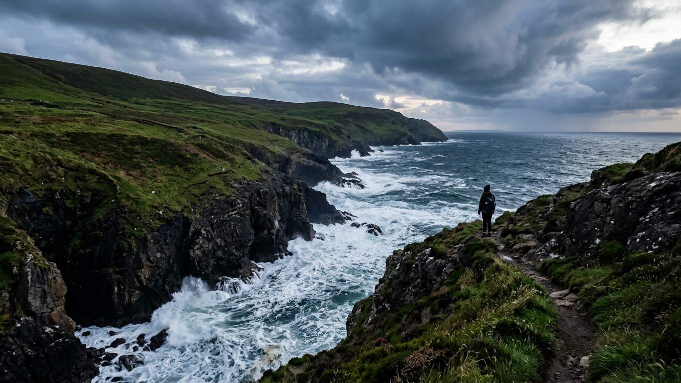 Rugged northern coastline with dark cliffs and crashing Atlantic waves