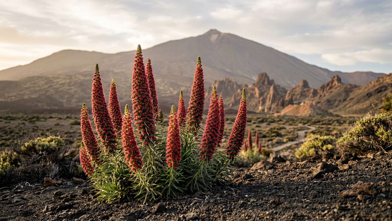 Red Teide bugloss flowers growing from dark volcanic gravel
