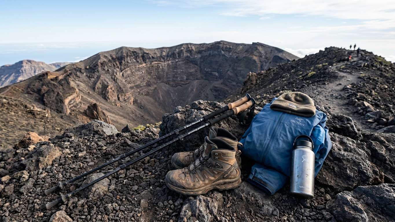 Hiking boots and trekking poles on volcanic rock at high altitude