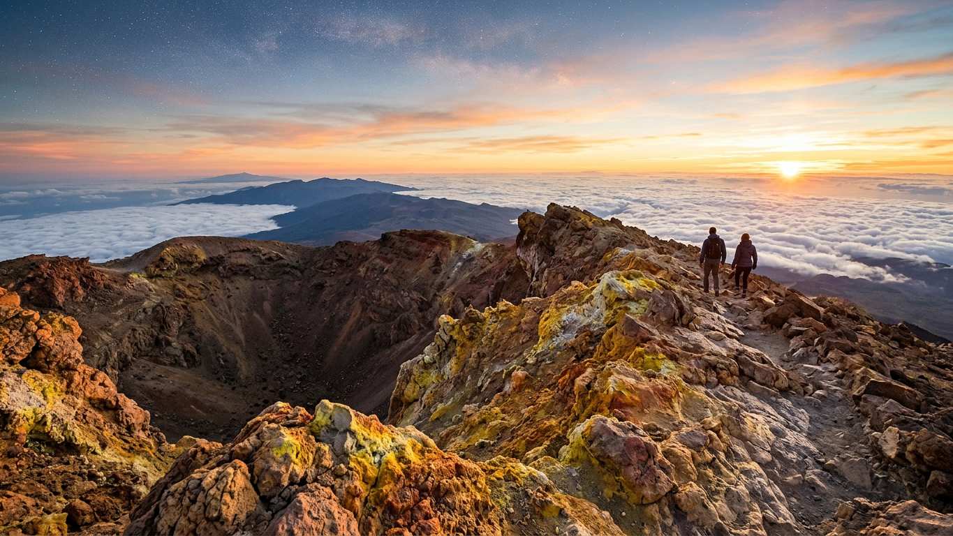 Teide summit crater rim at sunrise with sulfur deposits and clouds
