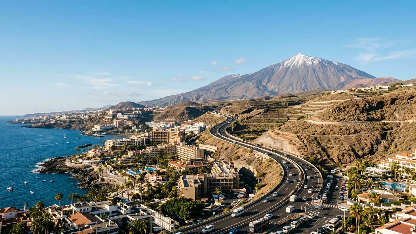 Southern coastal view with road climbing towards Mount Teide in distance