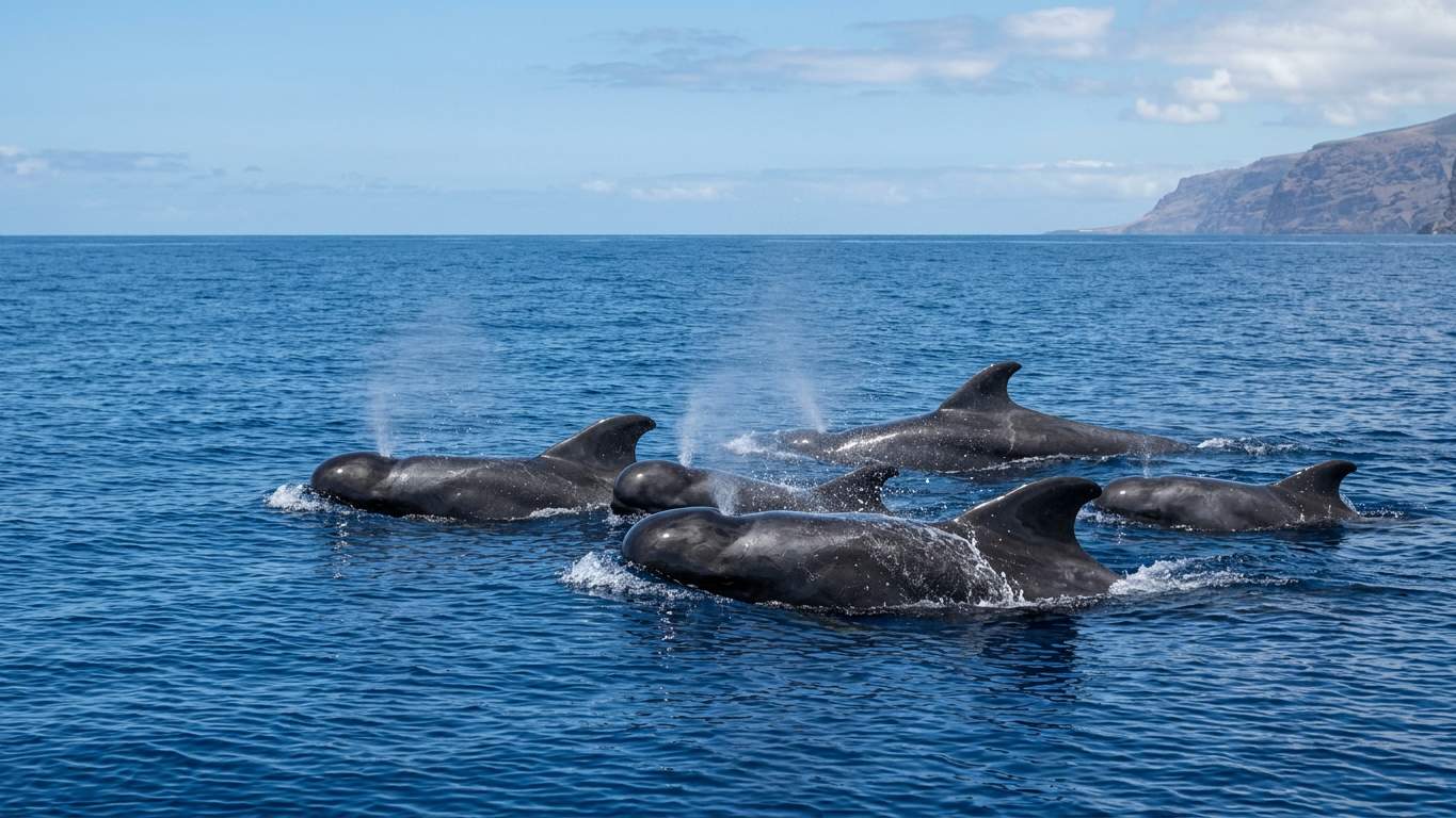 Short-finned pilot whales surfacing together showing rounded heads and fins