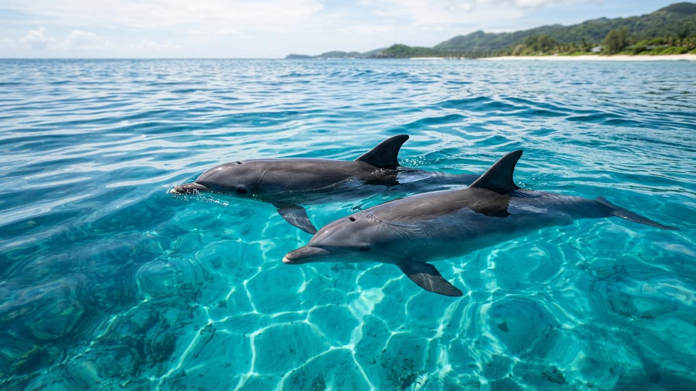 Bottlenose dolphins swimming below surface through transparent turquoise ocean