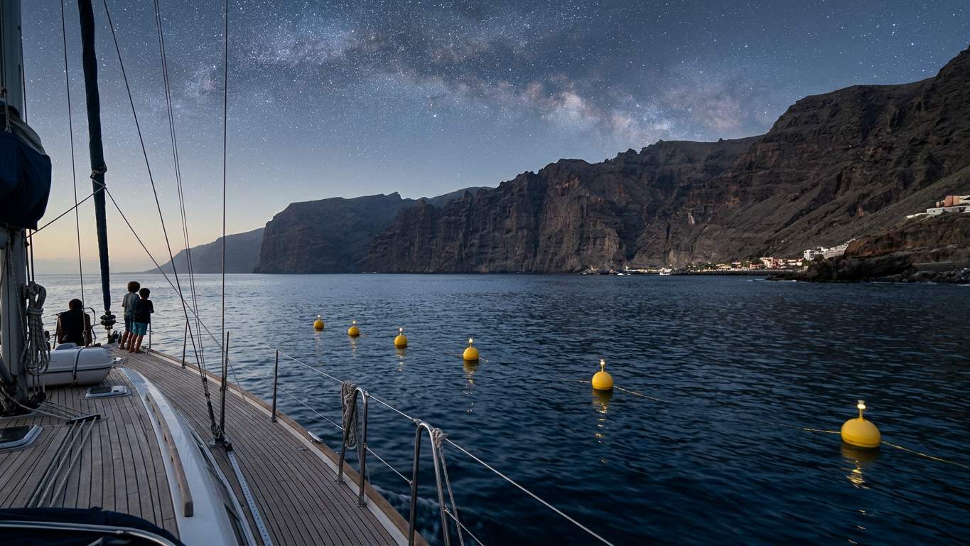 Yellow marine protected area buoys with Los Gigantes cliffs in distance