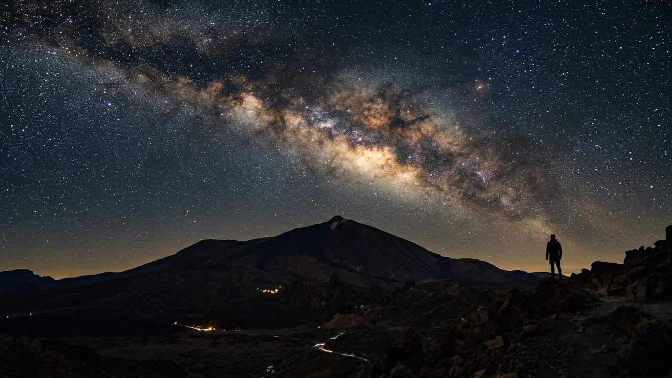 Milky Way arching across night sky above Mount Teide summit silhouette