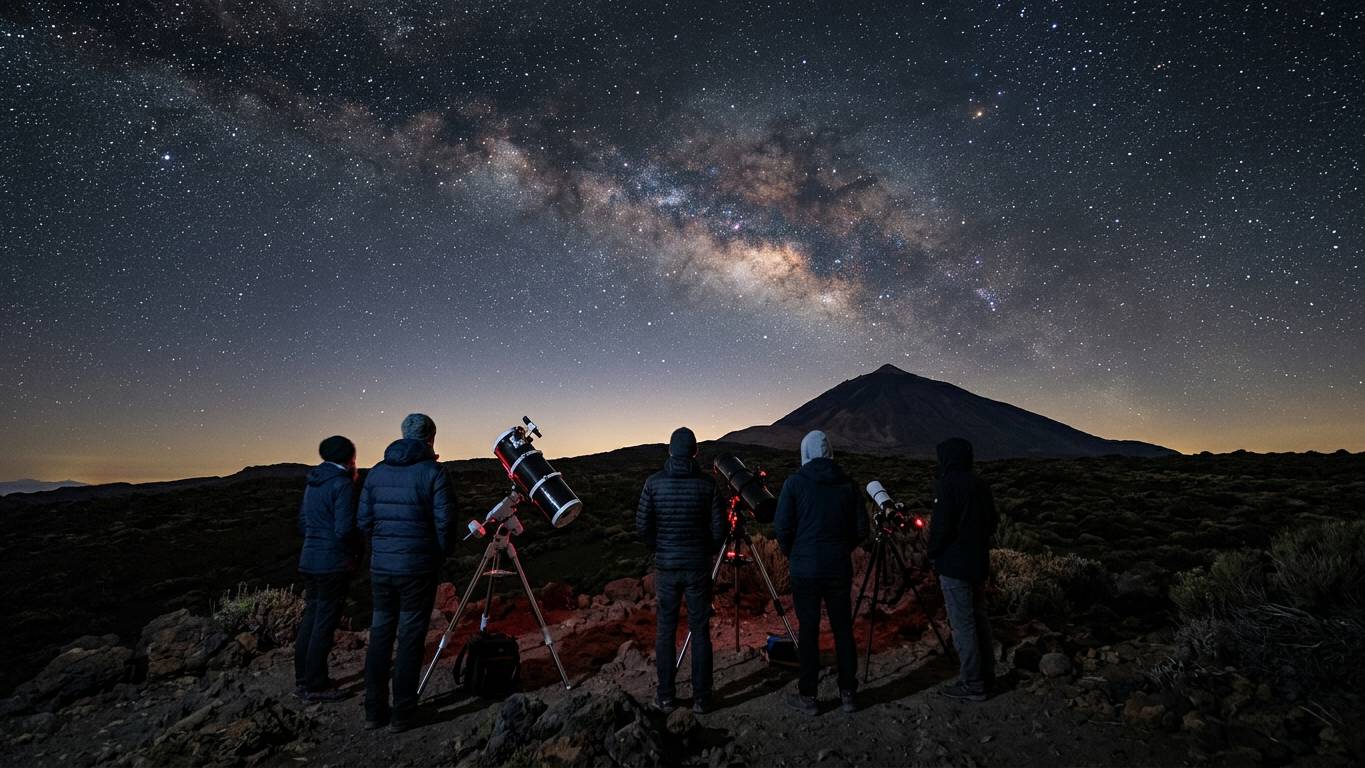 Group with telescopes on volcanic plateau gazing at star-filled sky