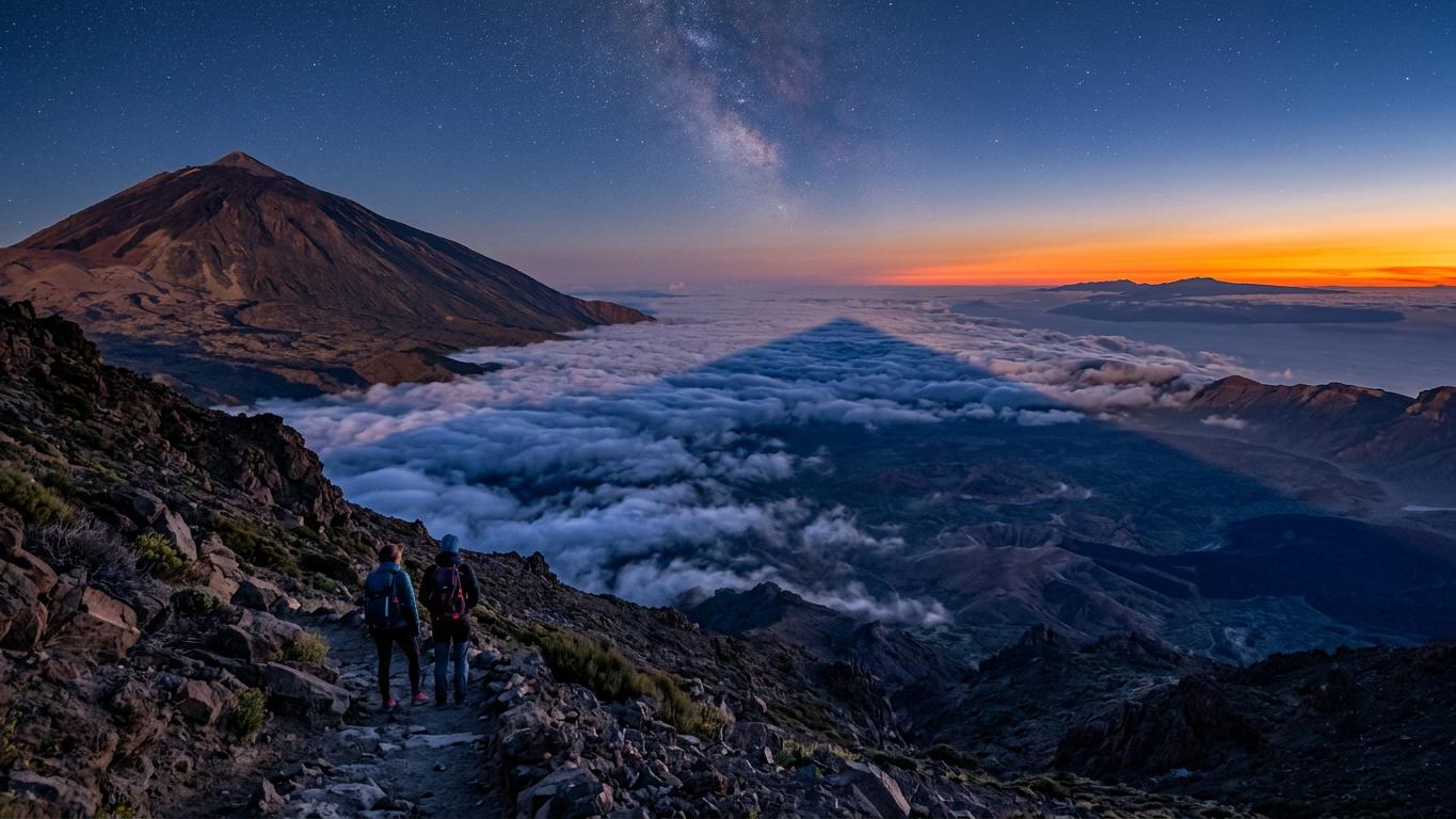 Twilight view showing Teide shadow across clouds and valleys below