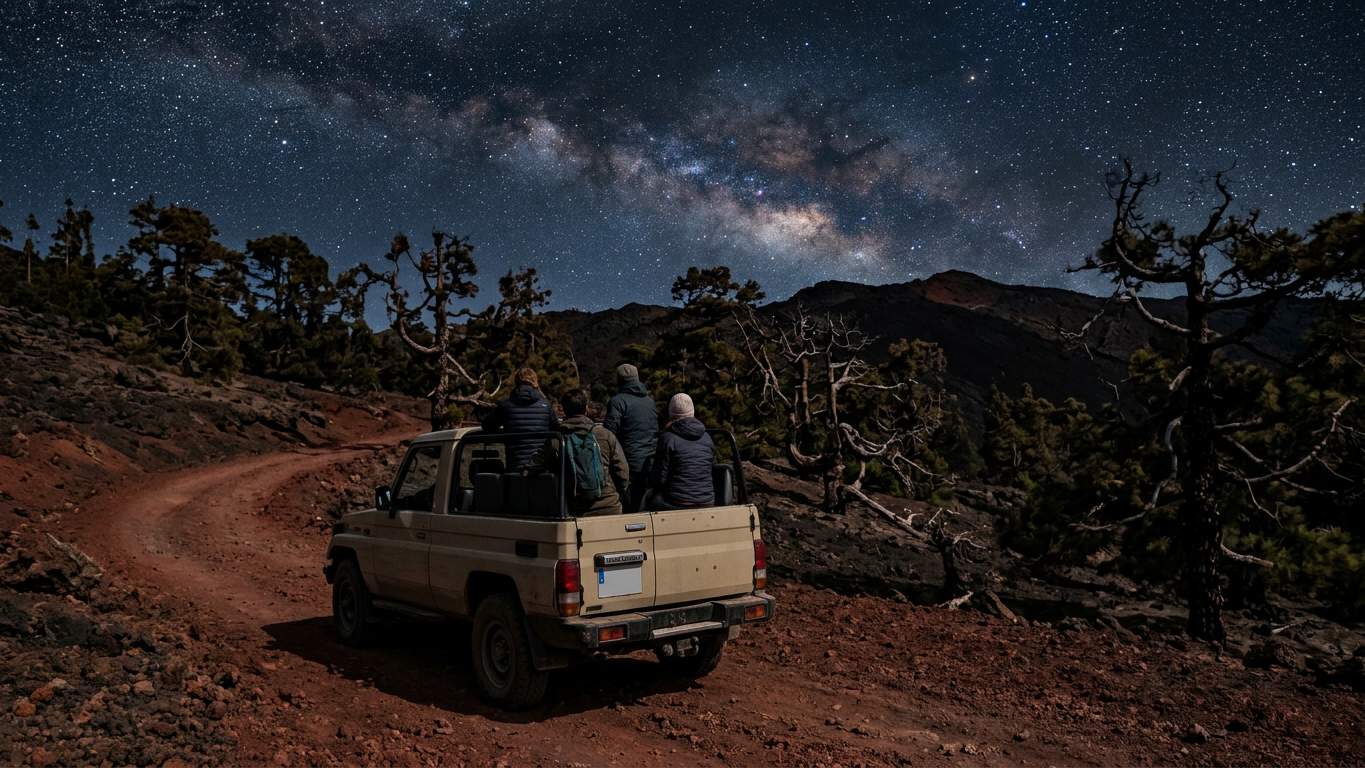Safari vehicle stopped on volcanic track observing Teide pines and landscape