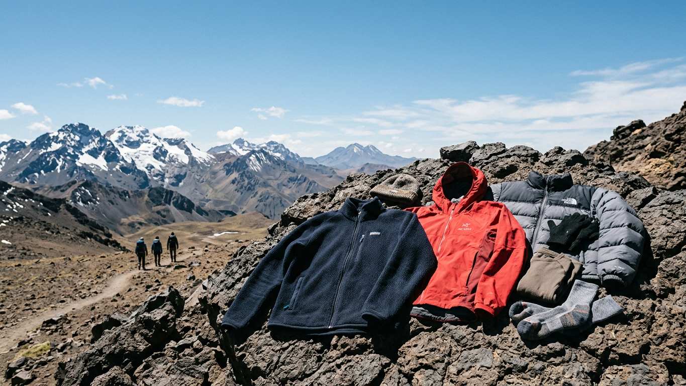 Warm layered clothing laid out on volcanic rock at high altitude