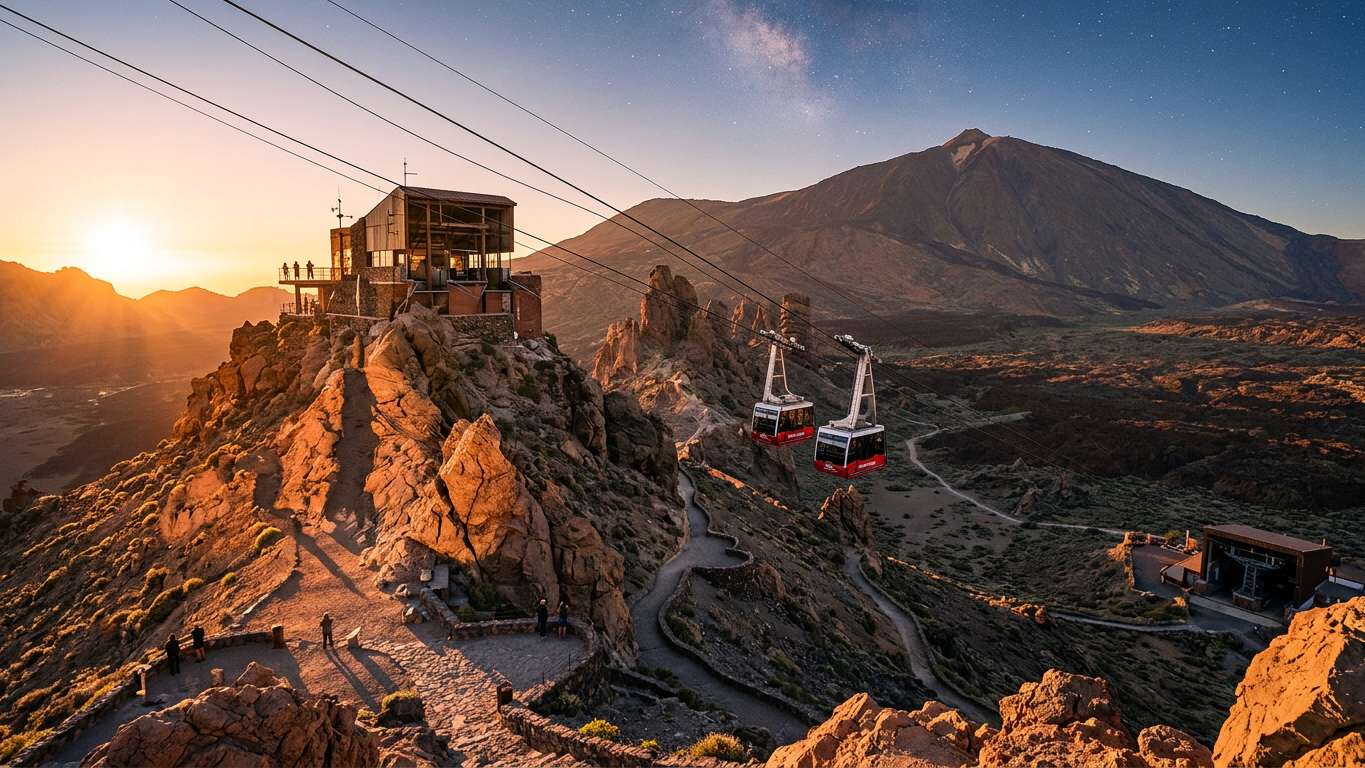 Cable car station at sunset with golden light on volcanic landscape