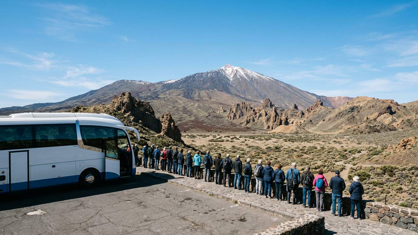 Tour coach at mountain viewpoint with passengers gazing towards Teide summit