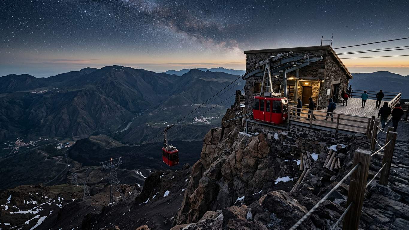 Cable car upper station on rocky ridge with cabins and volcanic slopes