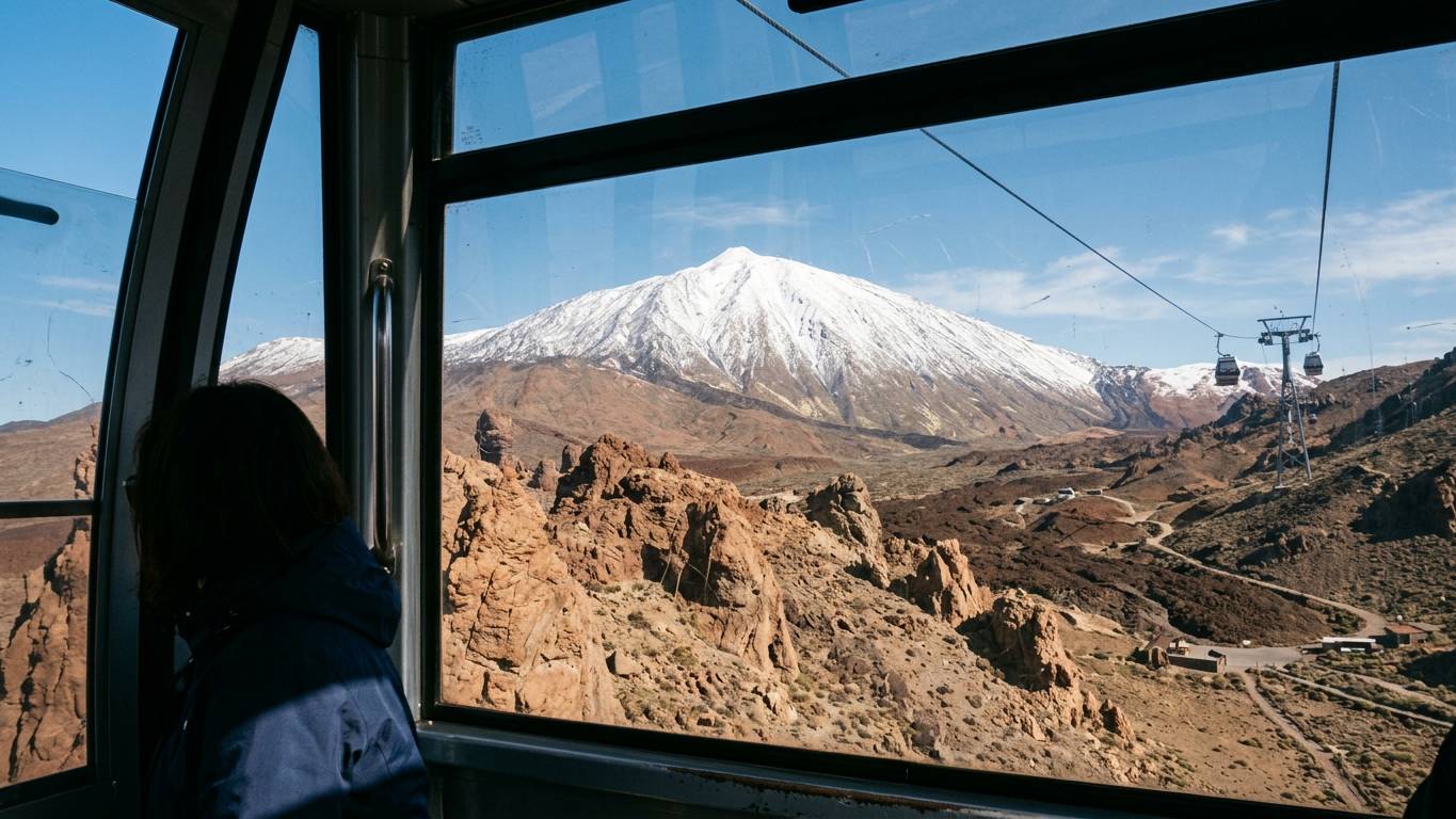 Cable car gondola ascending with Teide white summit visible through window