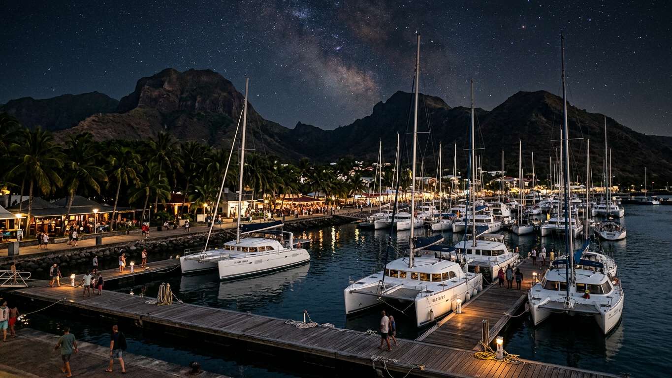 Southern harbour with catamarans moored at pontoons and volcanic hills behind
