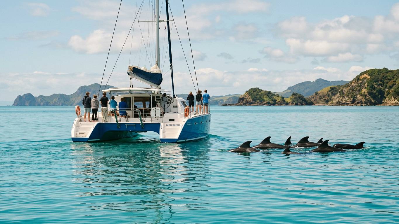 Catamaran on turquoise water with pilot whale fins surfacing nearby