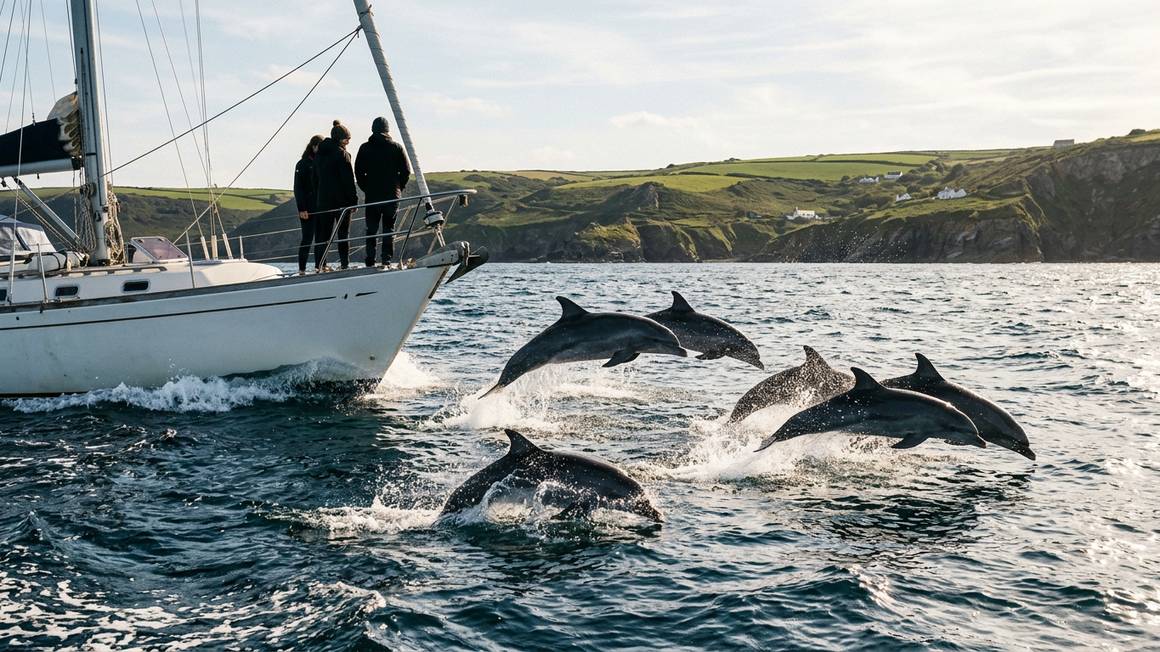 Bottlenose dolphins leaping through sparkling ocean water near boat bow